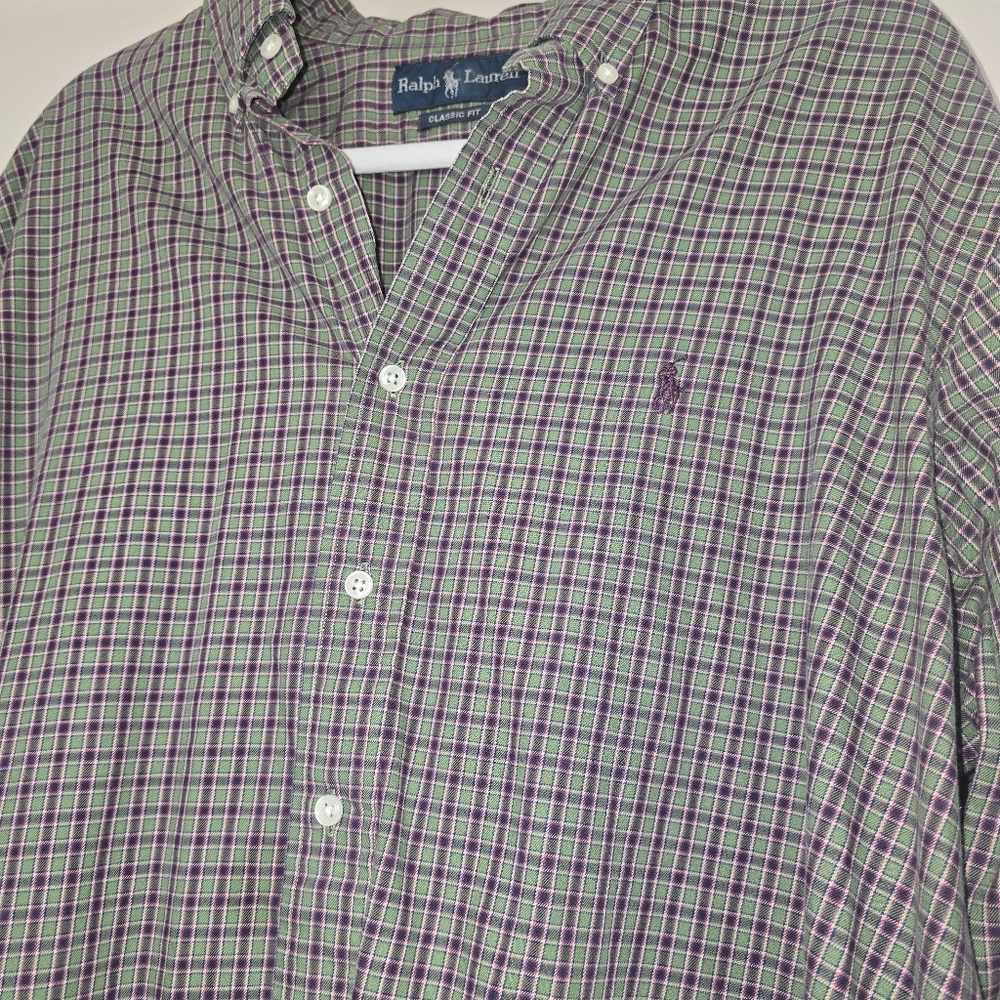 Ralph Lauren Button Down Mens XL Green Purple Plaid Classic Fit Long Sleeve Pony